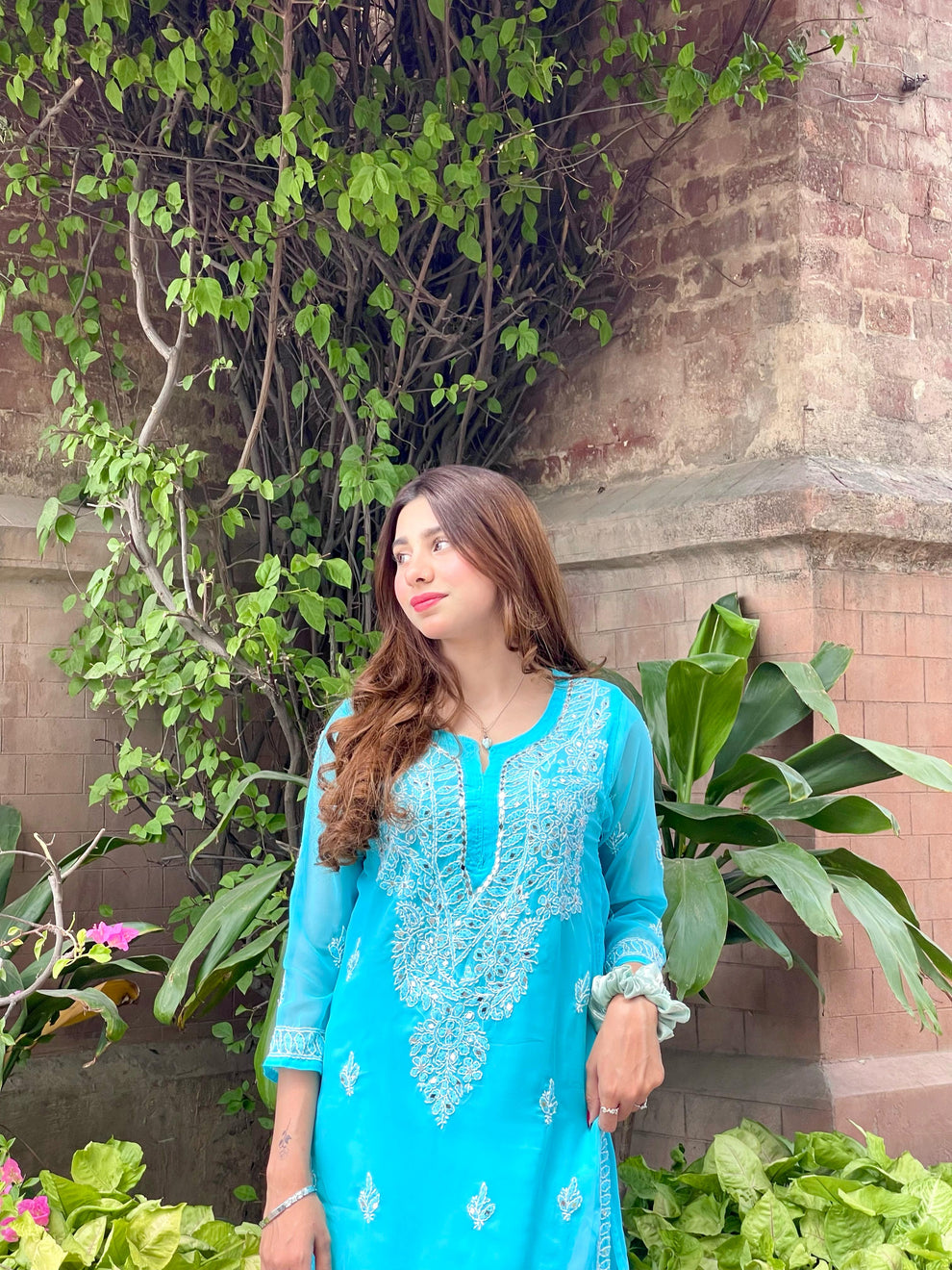 Premium Chikankari mirror work with Galaboty shirt (Torquise blue with inner )