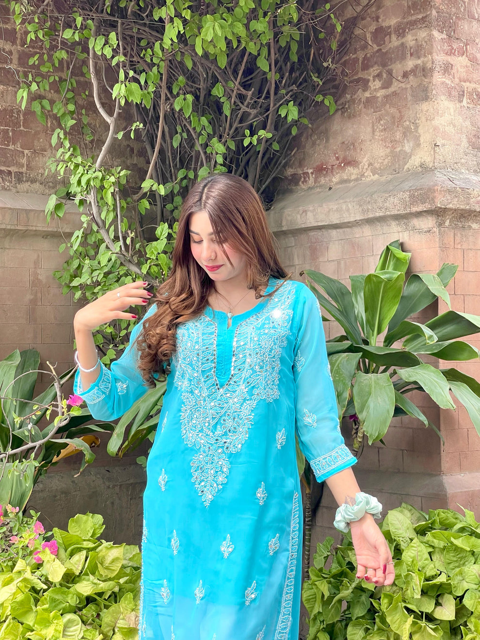 Premium Chikankari mirror work with Galaboty shirt (Torquise blue with inner )