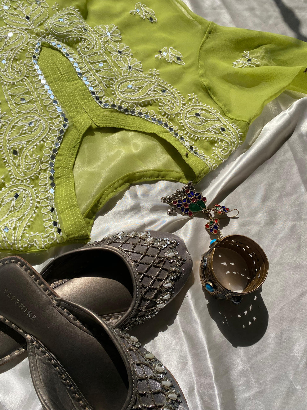Premium Chikankari mirror work with Galaboty shirt (Parrot green with inner )