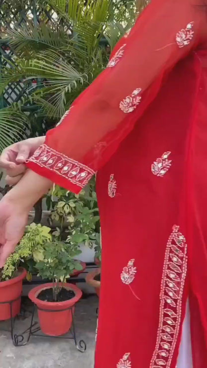 Premium Chikankari mirror work with Galaboty shirt (Red with inner )
