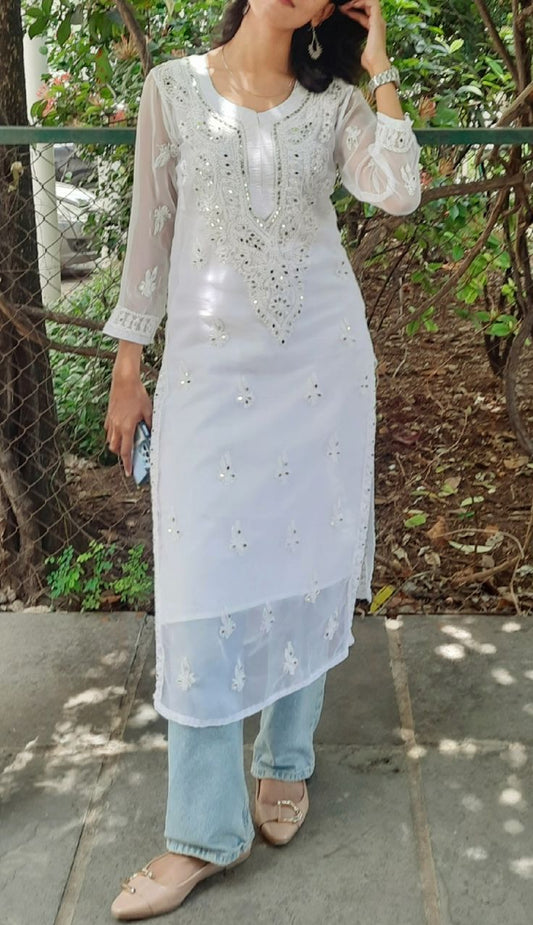 Premium Chikankari mirror work with Galaboty shirt (White with inner )