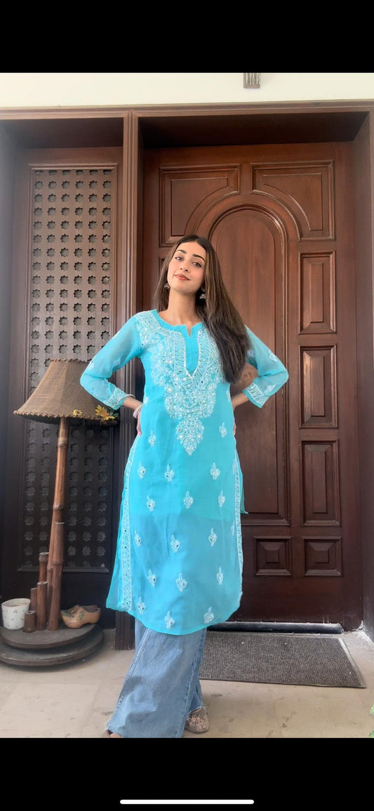 Premium Chikankari mirror work with Galaboty shirt (Torquise blue with inner )