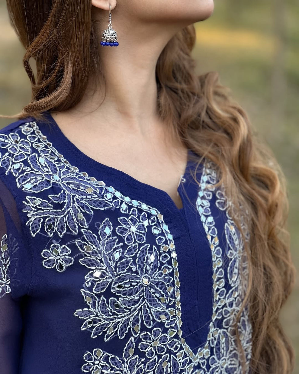 Premium Chikankari mirror work with Galaboty shirt (Royal blue with inner )
