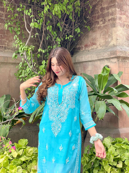 Premium Chikankari mirror work with Galaboty shirt (Torquise blue with inner )