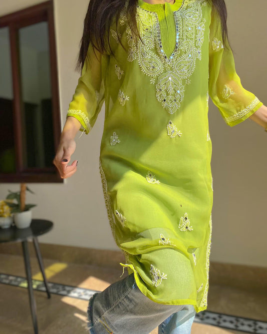 Premium Chikankari mirror work with Galaboty shirt (Parrot green with inner )