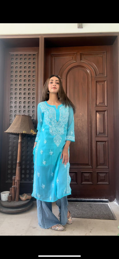 Premium Chikankari mirror work with Galaboty shirt (Torquise blue with inner )