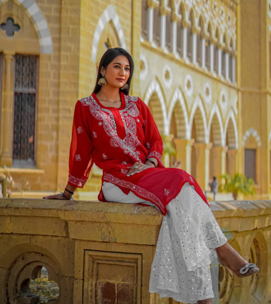 Premium Chikankari mirror work with Galaboty shirt (Red with inner )