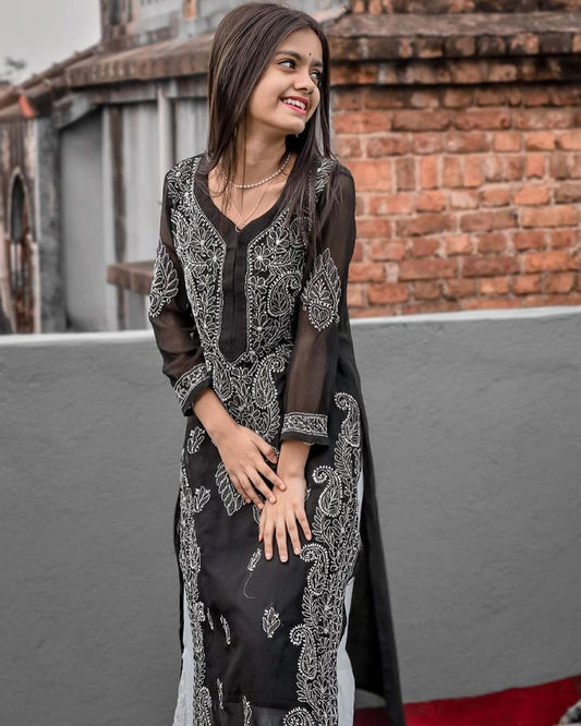 Premium Chikankari mirror work with Galaboty shirt (black with inner )