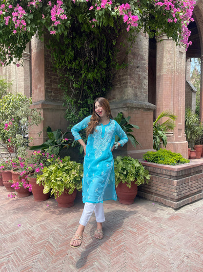 Premium Chikankari mirror work with Galaboty shirt (Torquise blue with inner )
