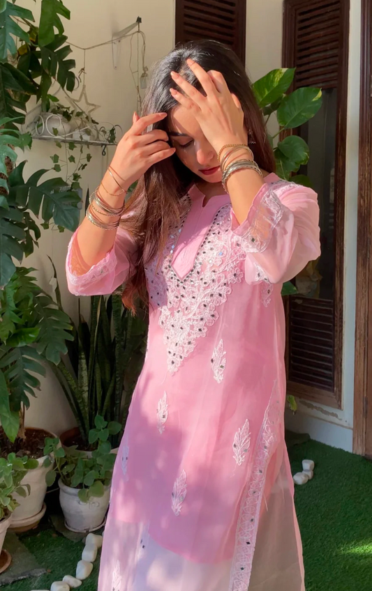 Premium Chikankari mirror work with Galaboty shirt (Pink with inner )