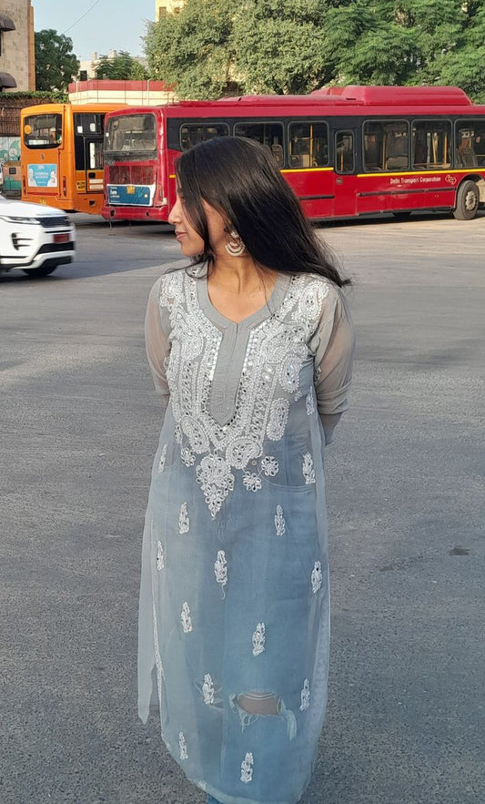 Premium Chikankari mirror work with Galaboty shirt (Grey with inner )