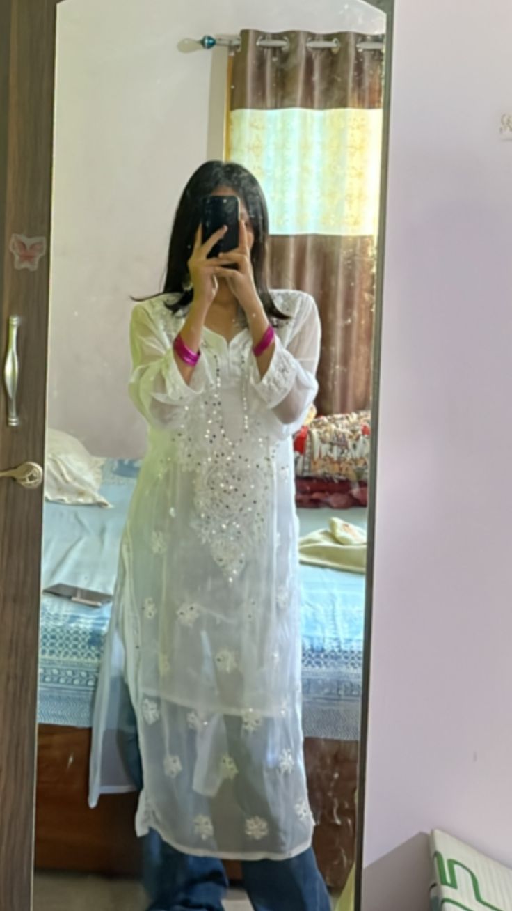 Premium Chikankari mirror work with Galaboty shirt (White with inner )