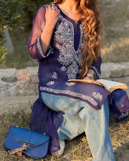Premium Chikankari mirror work with Galaboty shirt (Royal blue with inner )