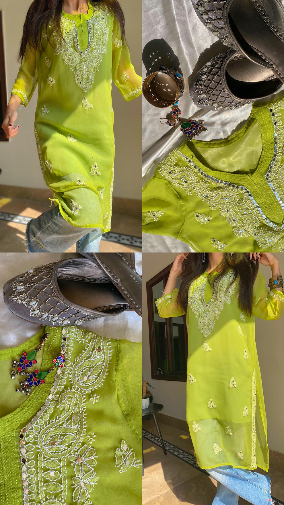 Premium Chikankari mirror work with Galaboty shirt (Parrot green with inner )