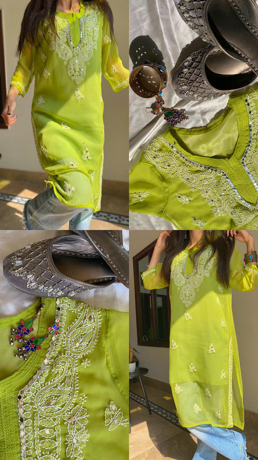 Premium Chikankari mirror work with Galaboty shirt (Parrot green with inner )