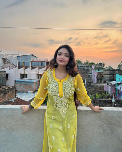 Premium Chikankari mirror work and Galaboty shirt (Yellow with inner )