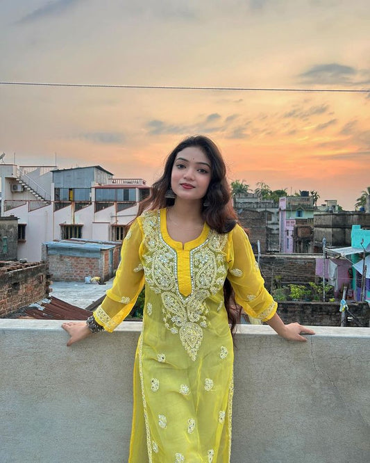 Premium Chikankari mirror work and Galaboty shirt (Yellow with inner )