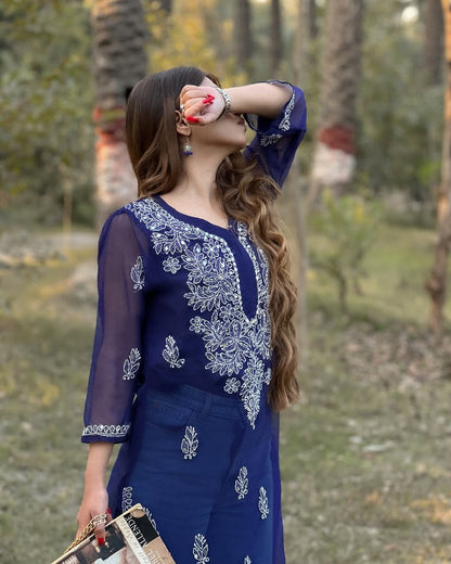 Premium Chikankari mirror work with Galaboty shirt (Royal blue with inner )
