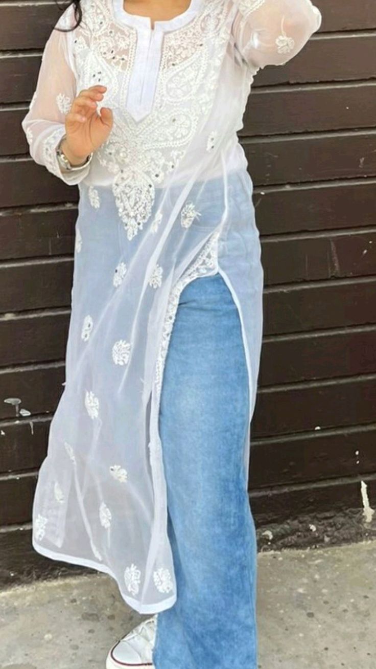 Premium Chikankari mirror work with Galaboty shirt (White with inner )