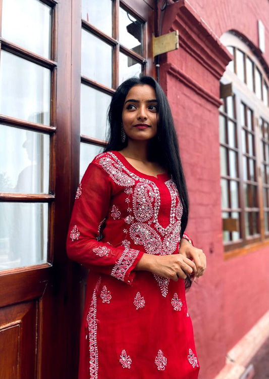 Premium Chikankari mirror work with Galaboty shirt (Red with inner )