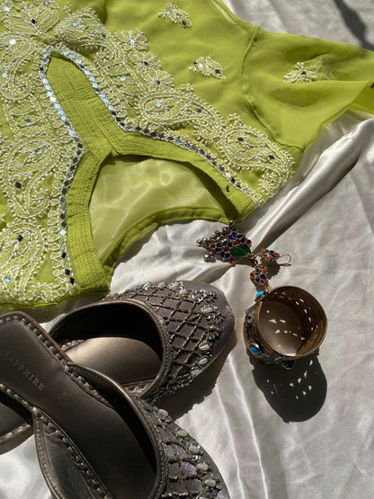 Premium Chikankari mirror work with Galaboty shirt (Parrot green with inner )